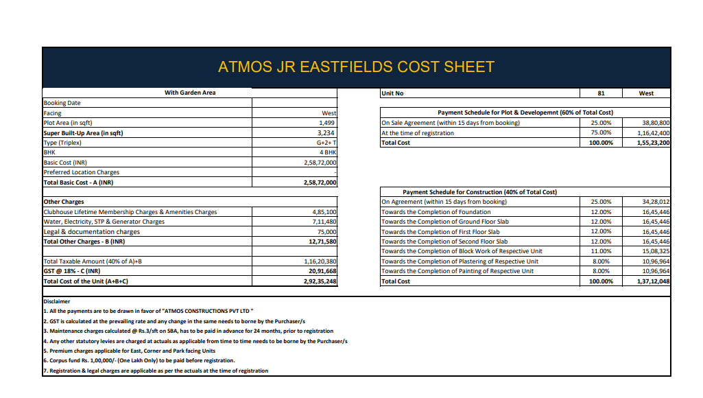 Cost Sheet 1